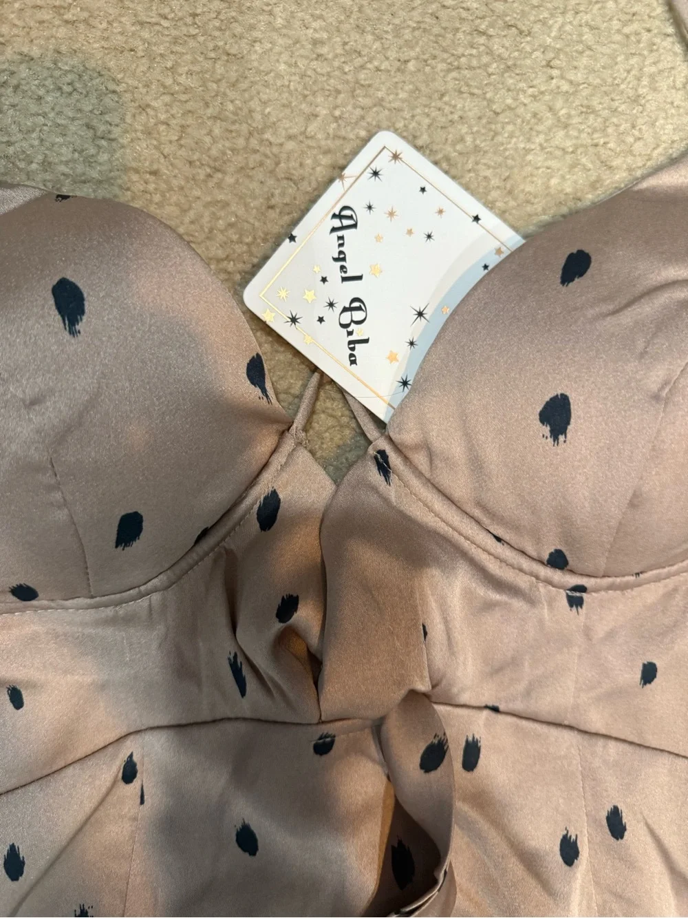 Angel Biba Taupe Satin Slip with Black Spot Print